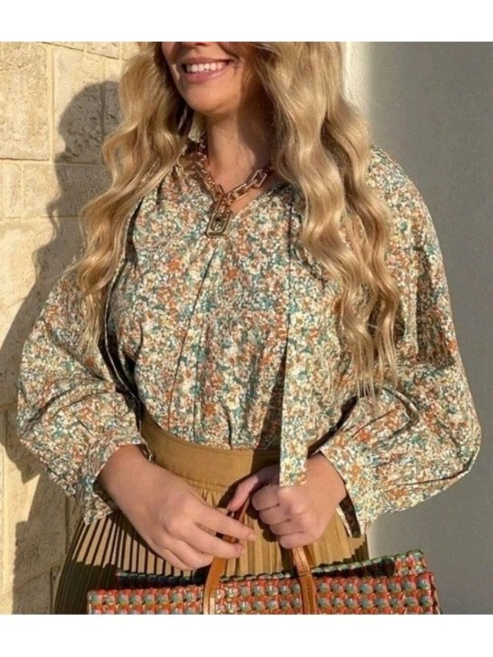 Rails Amal Cassia Floral Blouse L Tie Neck Balloon Sleeve Boho Top
